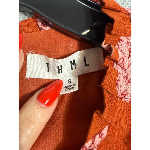 THML Red Pink Dot Print Ruffle Sleeve Dress Size S - Picture 5 of 5